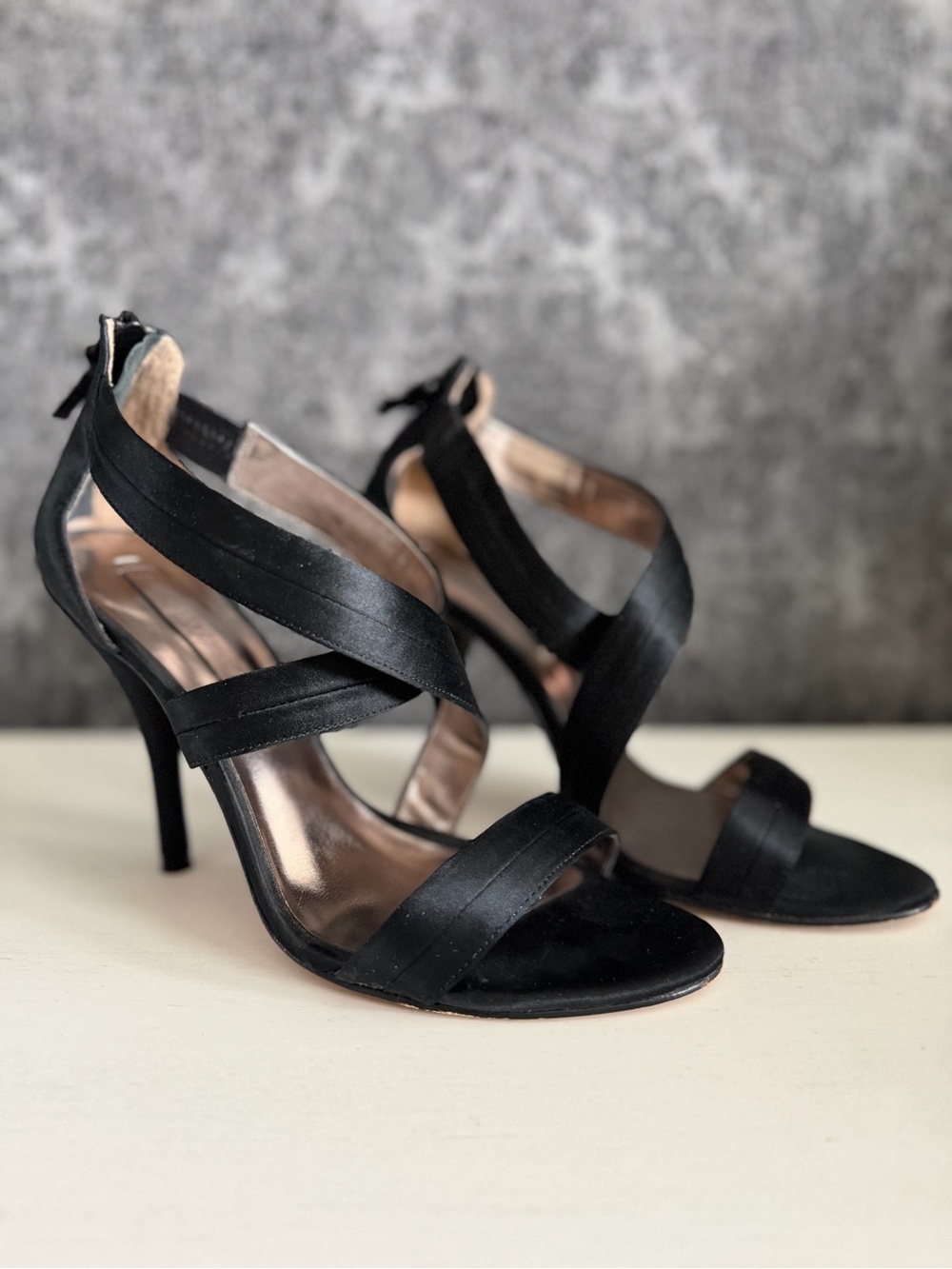 BCBGMaxAzria Black Satin Crisscross Stiletto Sandals